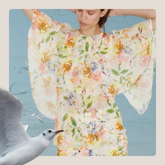 ZARA Floral Cape Blouse Top Womens Small Yellow Peach Short Sleeve Chiffon Sheer - Picture 3 of 13